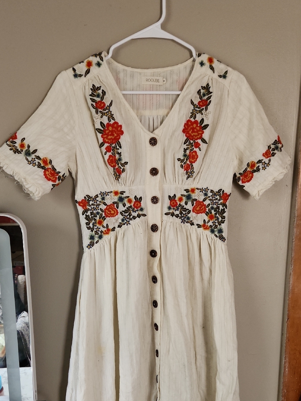 100% Cotton  Embroidered V-Neck Button-Front Dress
